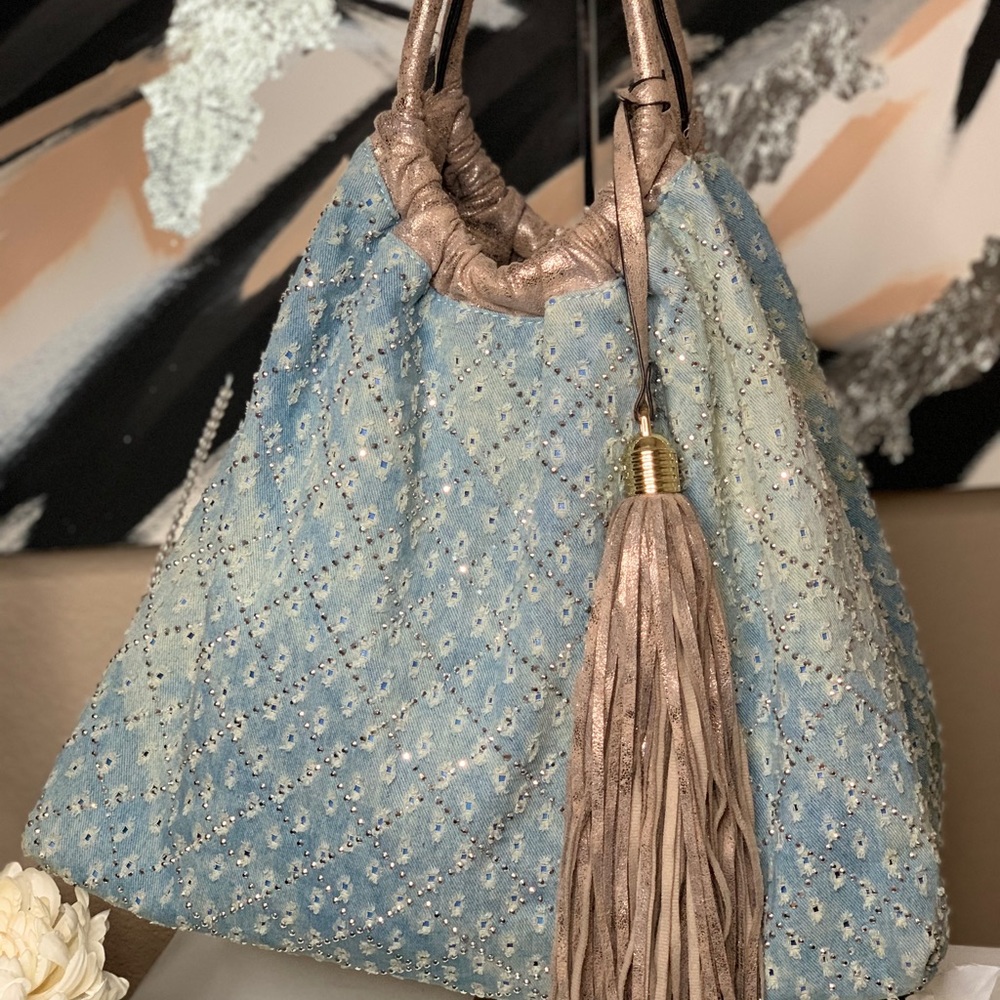 Distressed Denim XL Tote w/Rhinestones